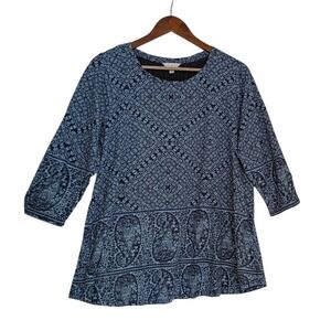 Lucky Brand Blue Paisley Medallion Cotton Modal Long Sleeve Top Boho 1X Plus